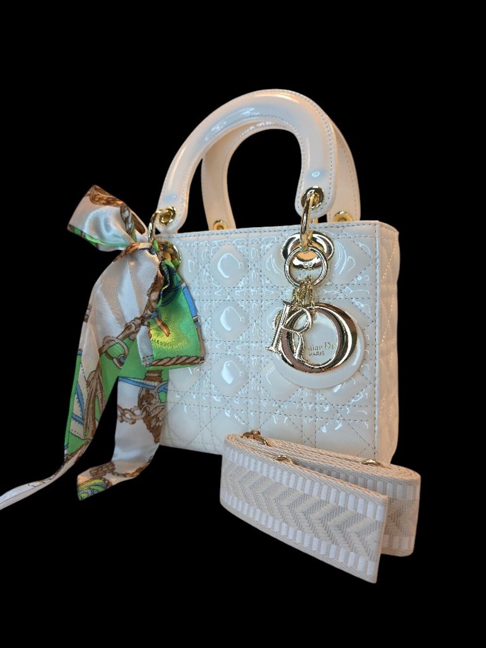 White Quilted Fashion Bag with Bag Charm & Twilly  NWOT Free Shipping